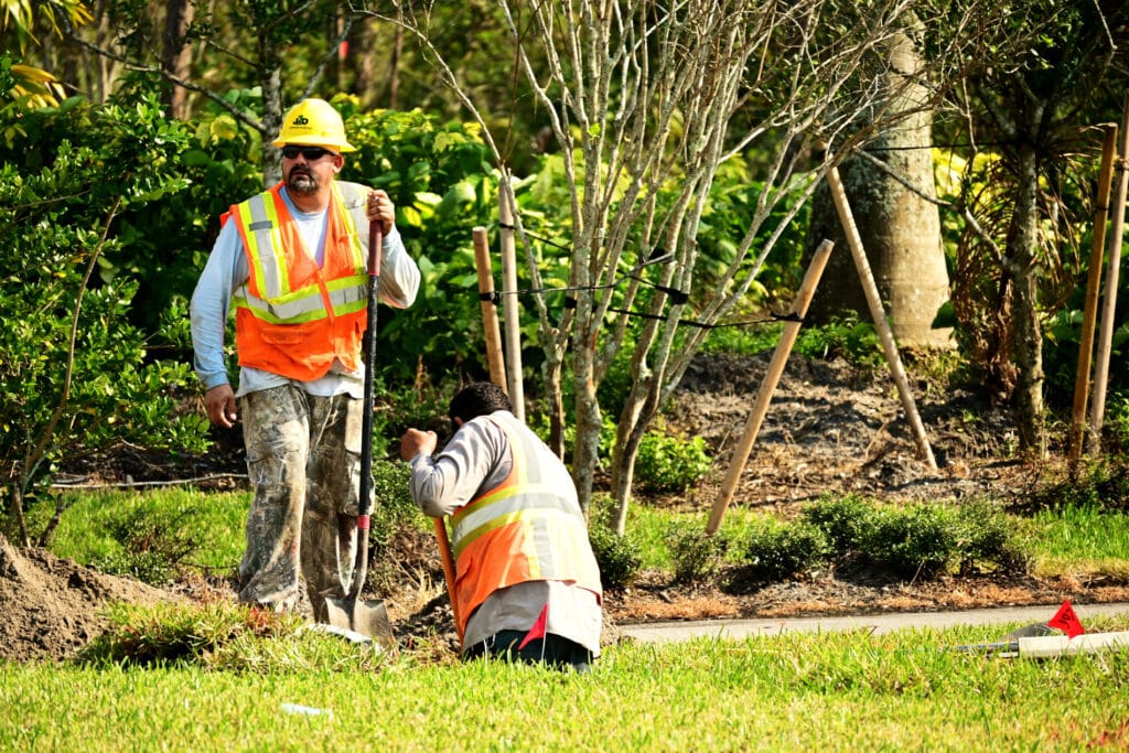 workers digging in front yard